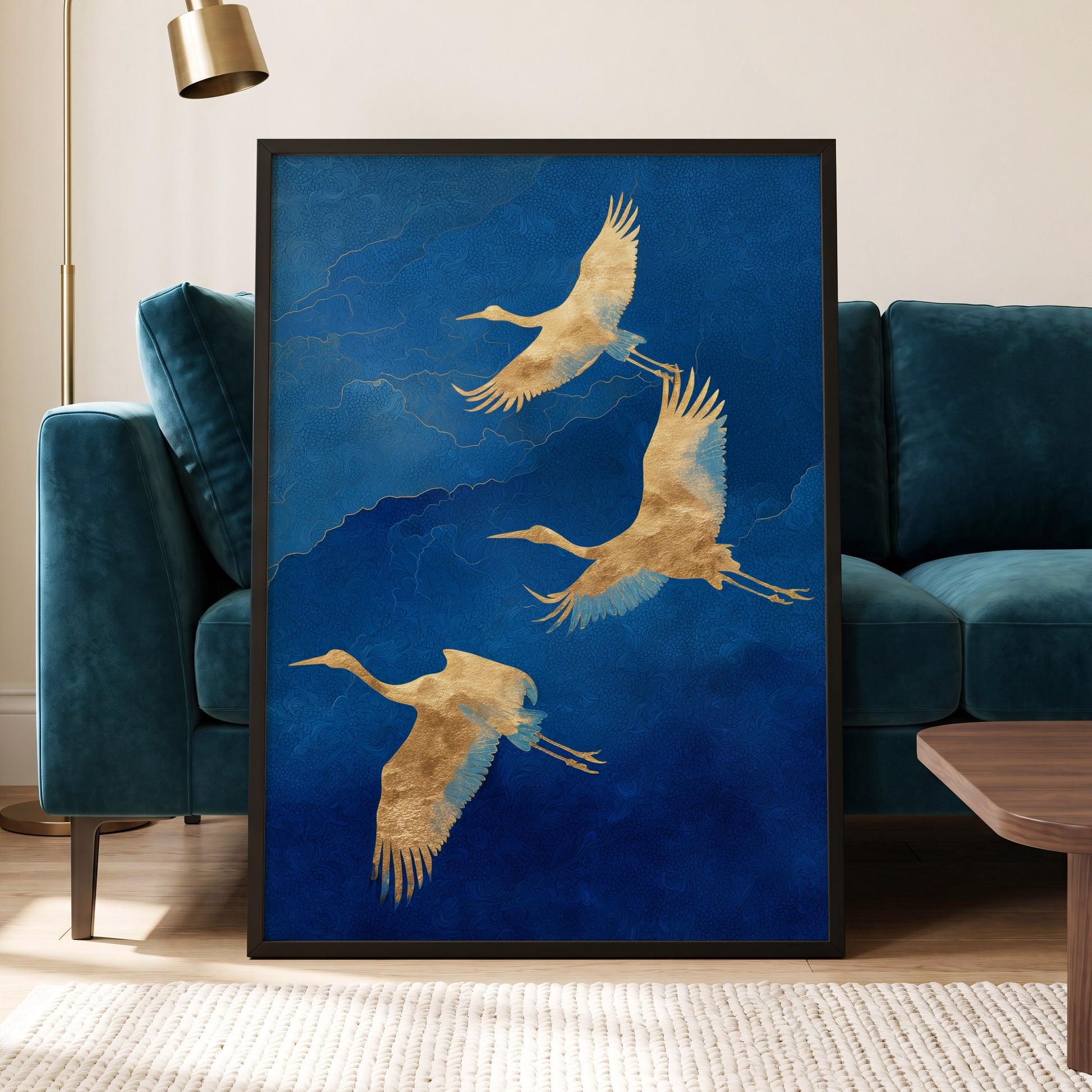 Gilded Crane Flight, blue, gold, beige nature wall art displayed in a styled interior, gallery view 6