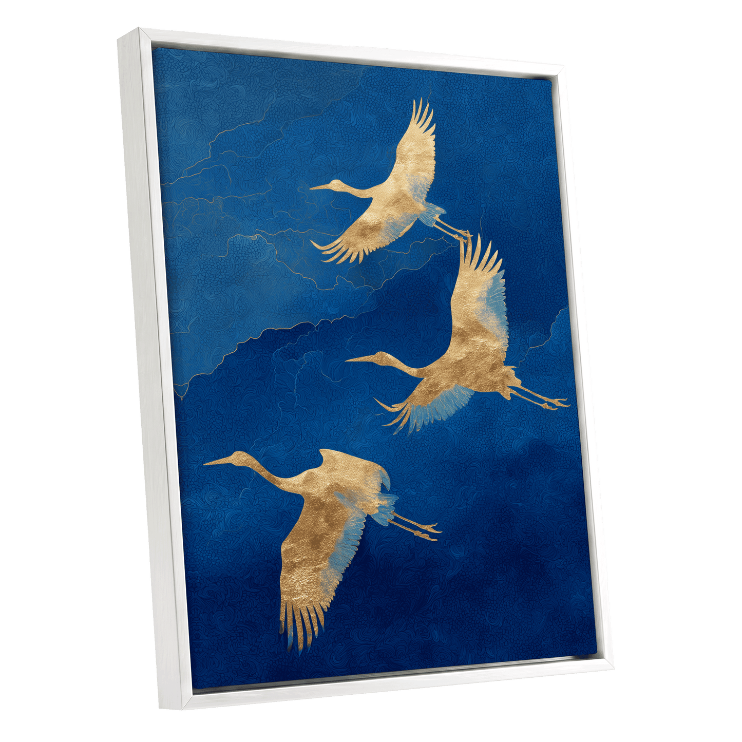 Gilded Crane Flight, blue, gold, beige nature wall art shown as a white framed canvas wall art