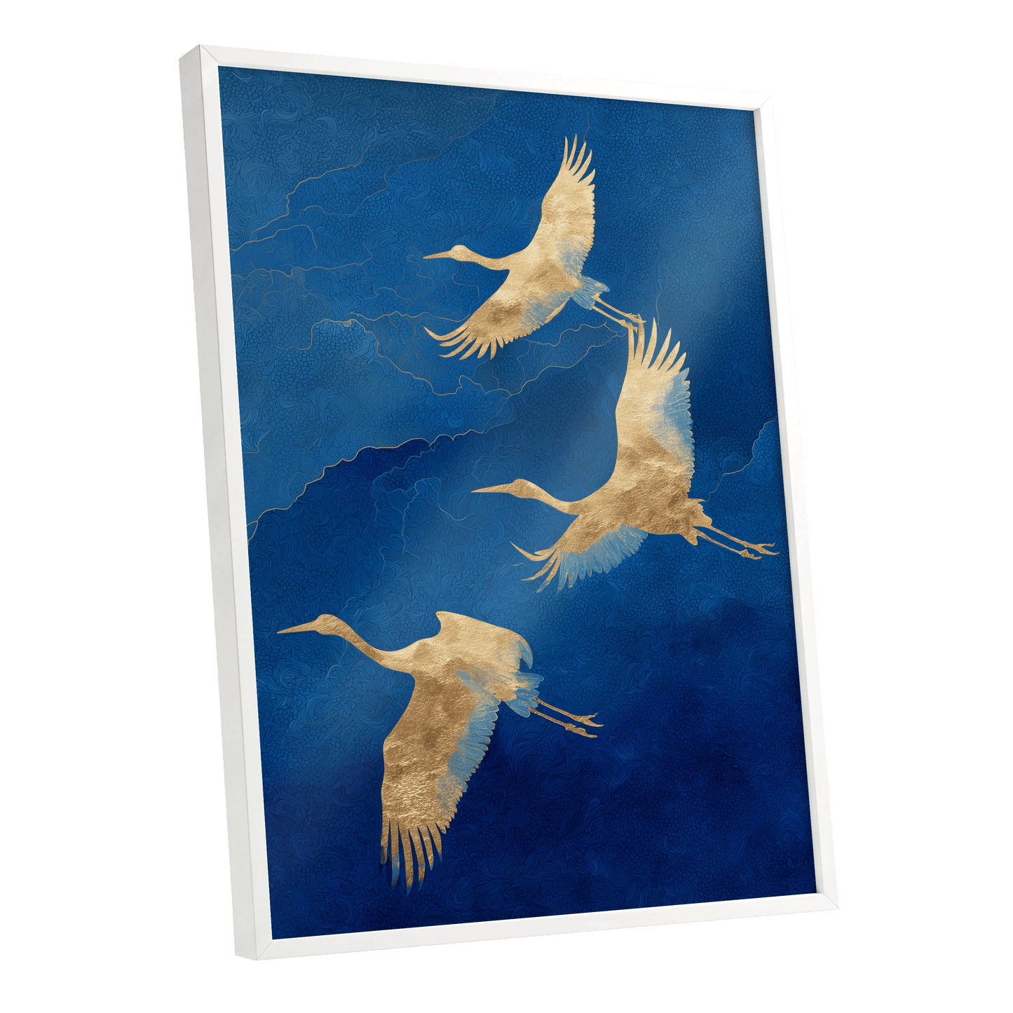 Gilded Crane Flight, blue, gold, beige nature wall art shown as a white framed poster wall art print