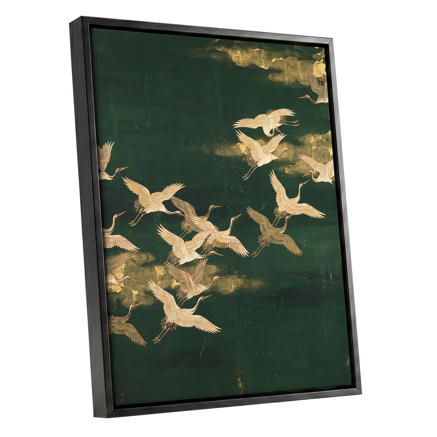 Gilded Crane Passage, green, gold, beige nature wall art shown as a black framed canvas wall art