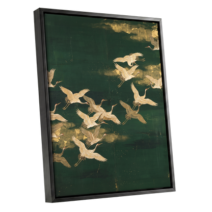Gilded Crane Passage, green, gold, beige nature wall art shown as a black framed canvas wall art