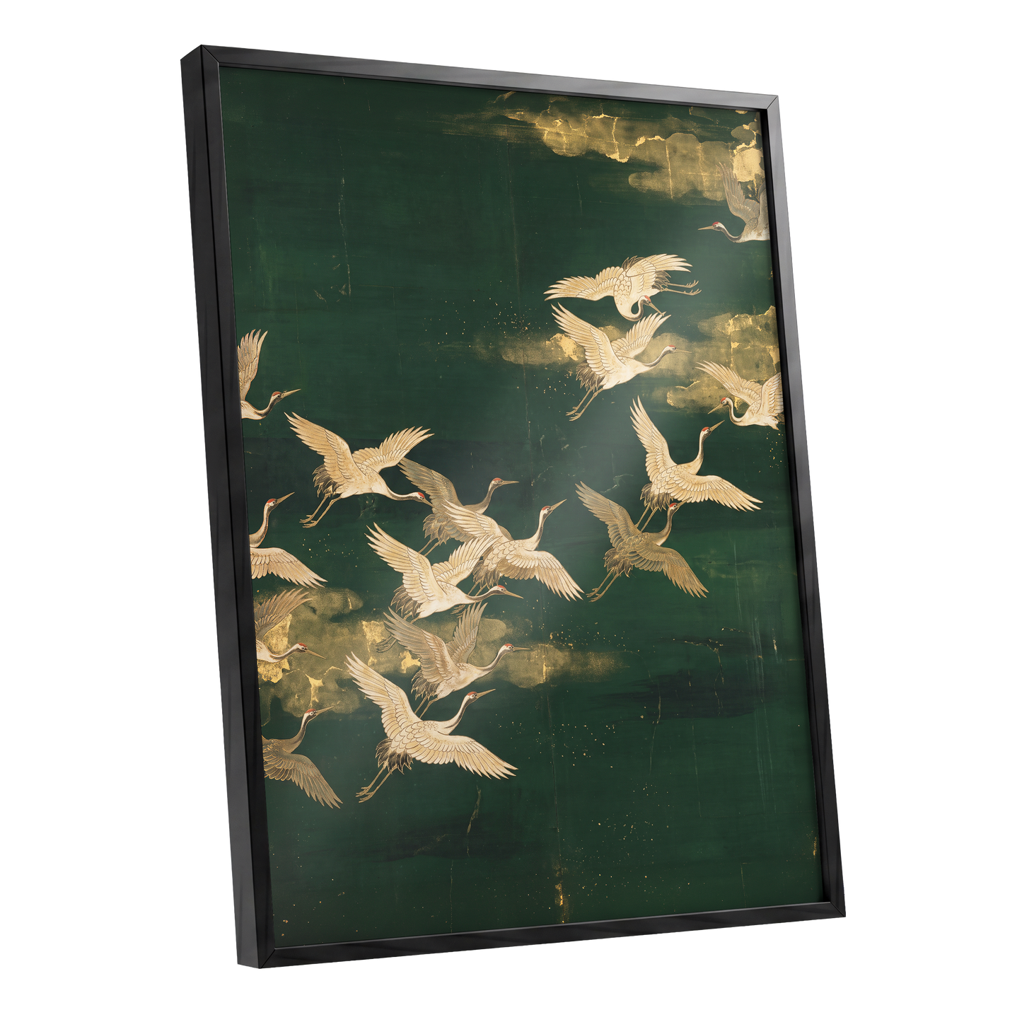 Gilded Crane Passage, green, gold, beige nature wall art shown as a black framed poster wall art print