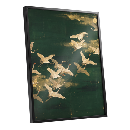 Gilded Crane Passage, green, gold, beige nature wall art shown as a black framed poster wall art print