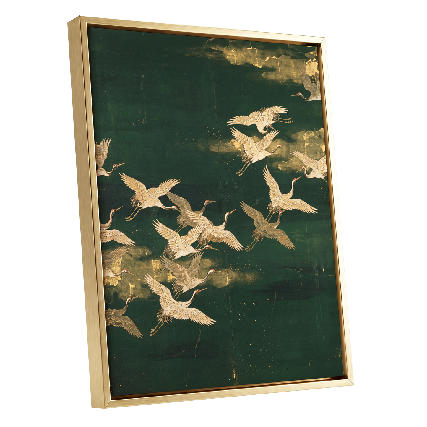 Gilded Crane Passage, green, gold, beige nature wall art shown as a gold framed canvas wall art