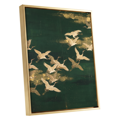 Gilded Crane Passage, green, gold, beige nature wall art shown as a gold framed canvas wall art