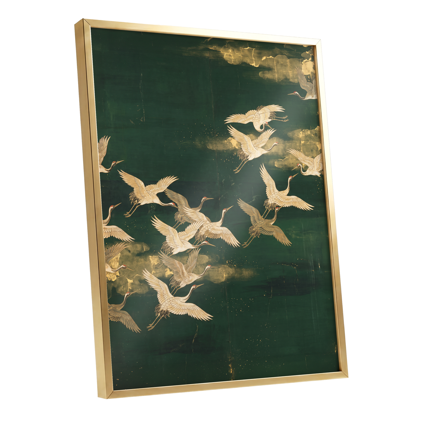 Gilded Crane Passage, green, gold, beige nature wall art shown as a gold framed poster wall art print