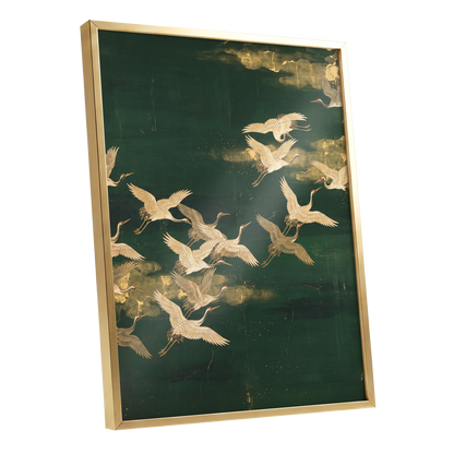 Gilded Crane Passage, green, gold, beige nature wall art shown as a gold framed poster wall art print