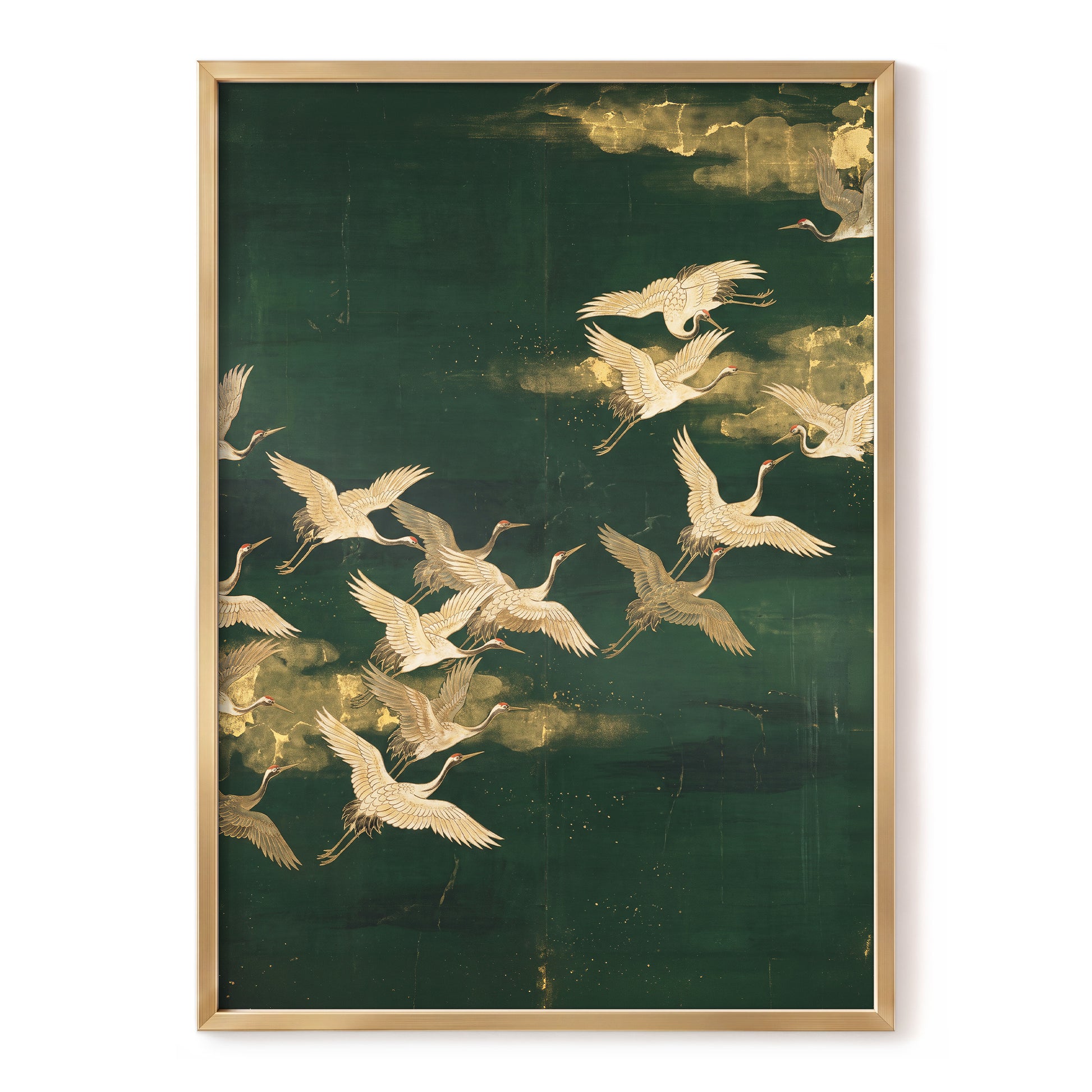 Gilded Crane Passage, green, gold, beige nature wall art, front artwork view
