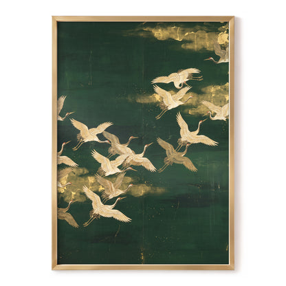 Gilded Crane Passage, green, gold, beige nature wall art, front artwork view