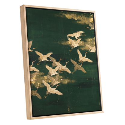 Gilded Crane Passage, green, gold, beige nature wall art shown as a oak framed canvas wall art
