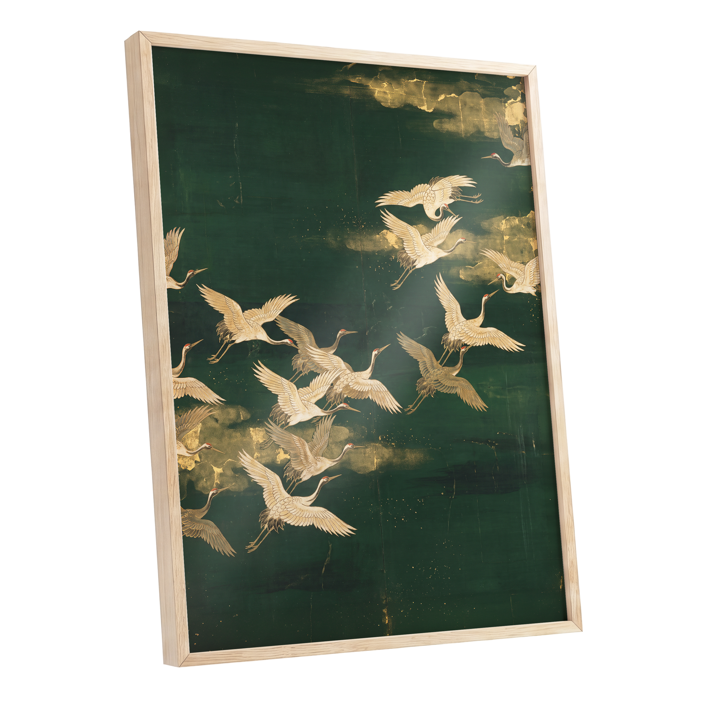 Gilded Crane Passage, green, gold, beige nature wall art shown as a oak framed poster wall art print