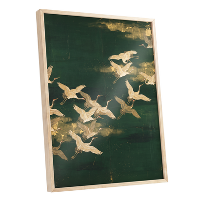 Gilded Crane Passage, green, gold, beige nature wall art shown as a oak framed poster wall art print