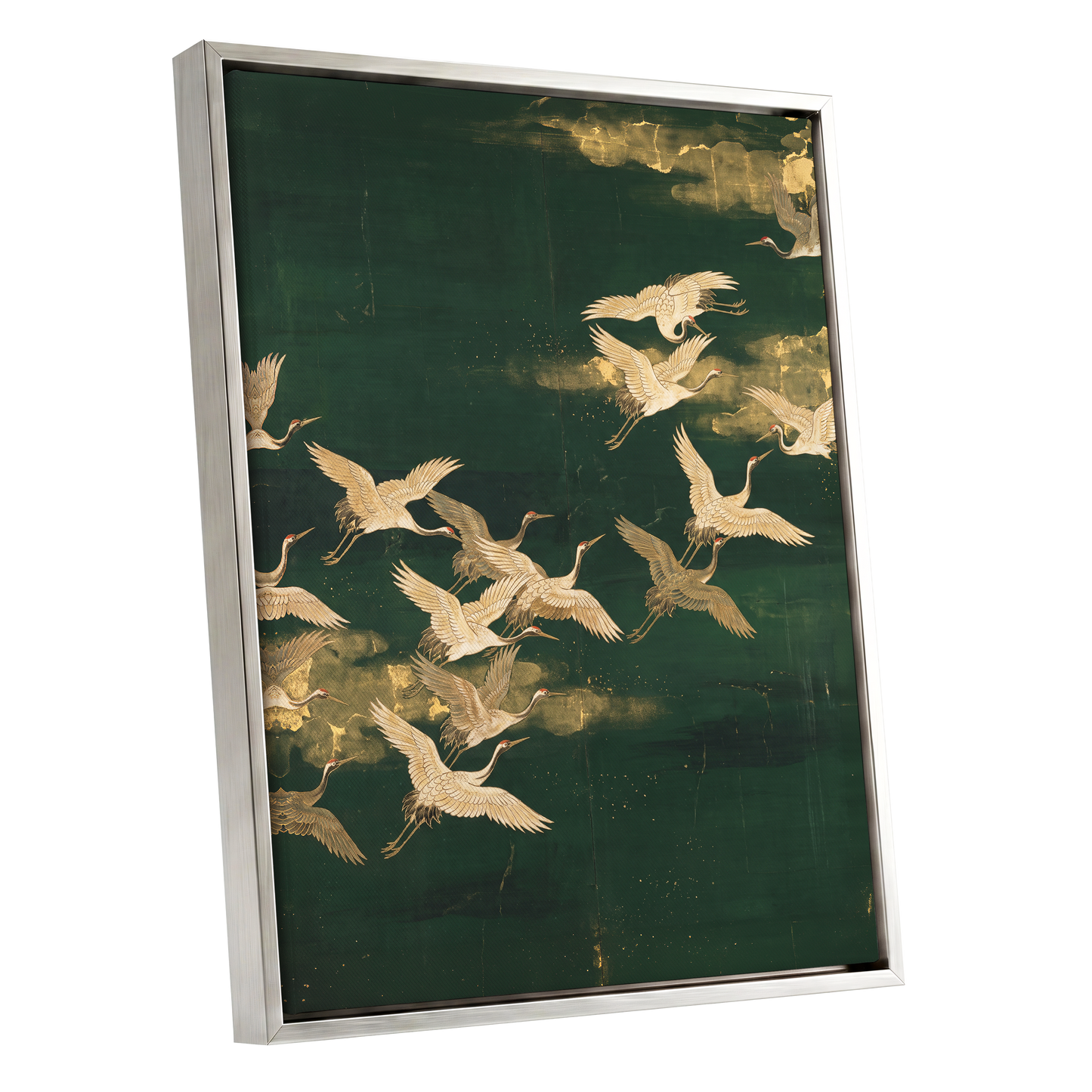 Gilded Crane Passage, green, gold, beige nature wall art shown as a silver framed canvas wall art