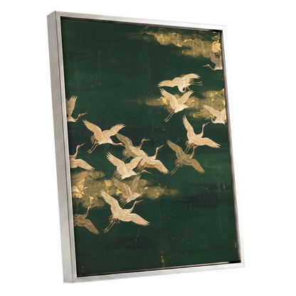 Gilded Crane Passage, green, gold, beige nature wall art shown as a silver framed canvas wall art
