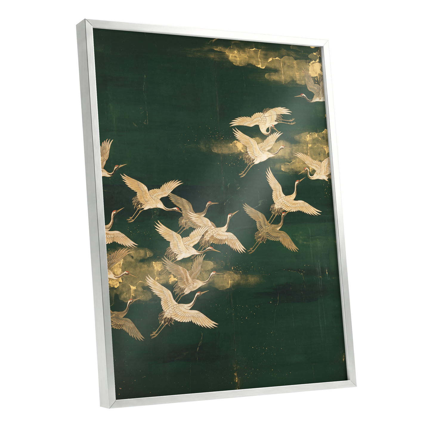 Gilded Crane Passage, green, gold, beige nature wall art shown as a silver framed poster wall art print