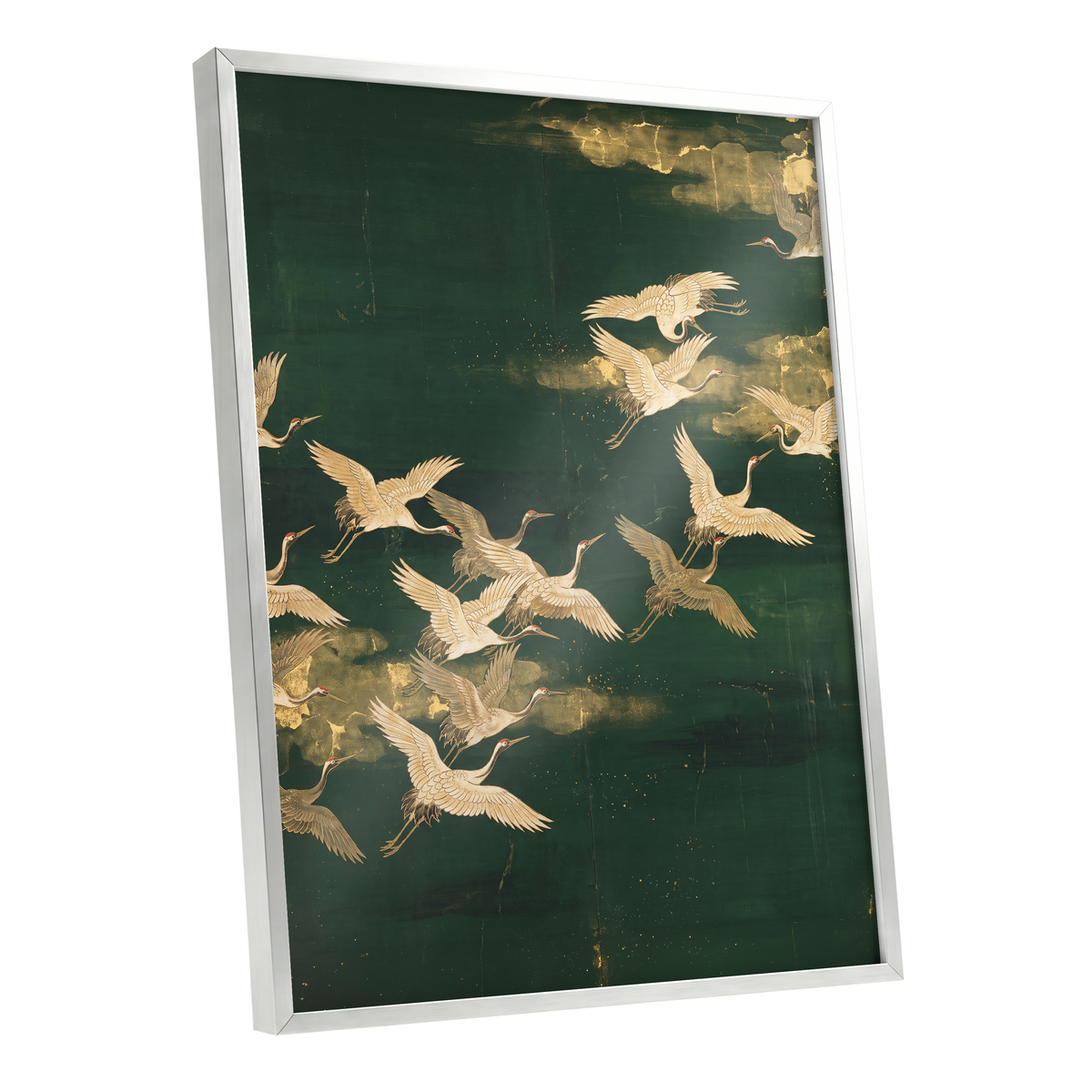 Gilded Crane Passage, green, gold, beige nature wall art shown as a silver framed poster wall art print
