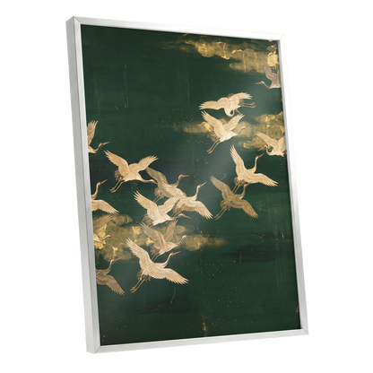 Gilded Crane Passage, green, gold, beige nature wall art shown as a silver framed poster wall art print