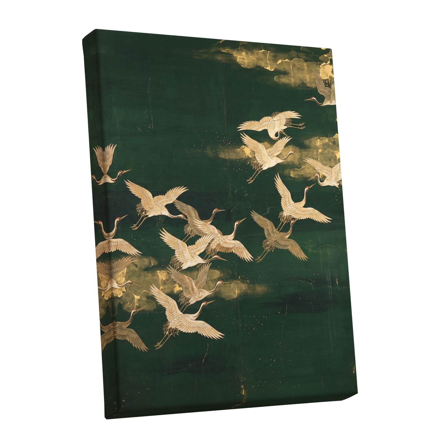 Gilded Crane Passage, green, gold, beige nature wall art shown as a stretched canvas wall art