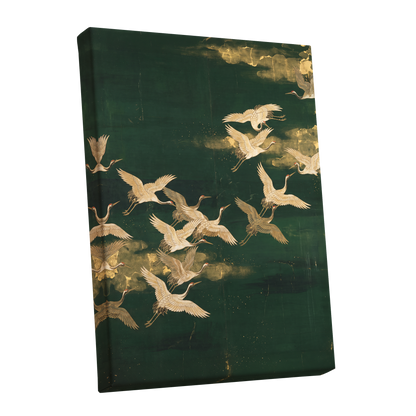 Gilded Crane Passage, green, gold, beige nature wall art shown as a stretched canvas wall art