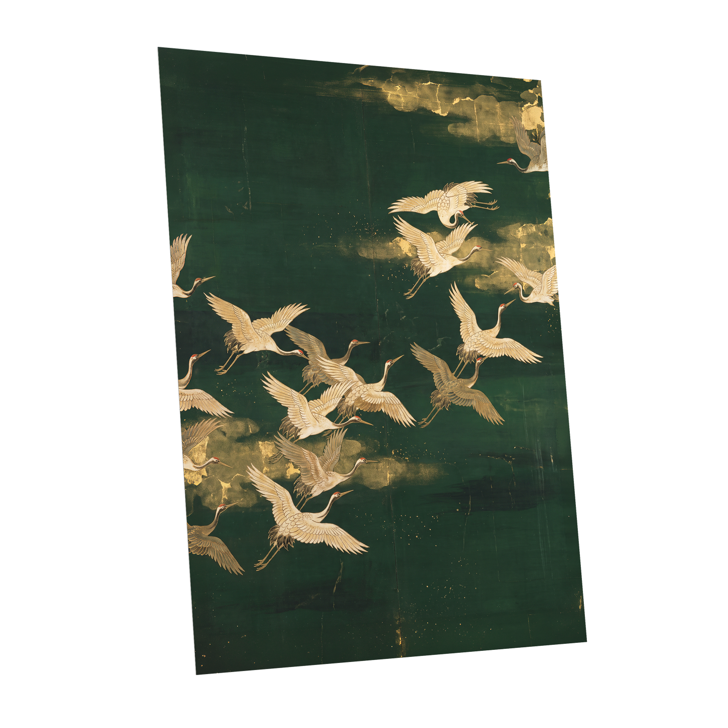 Gilded Crane Passage, green, gold, beige nature wall art shown as a unframed poster wall art print