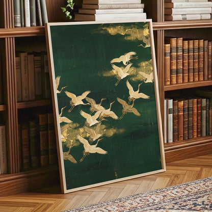 Gilded Crane Passage, green, gold, beige nature wall art displayed in a styled interior, gallery view 2
