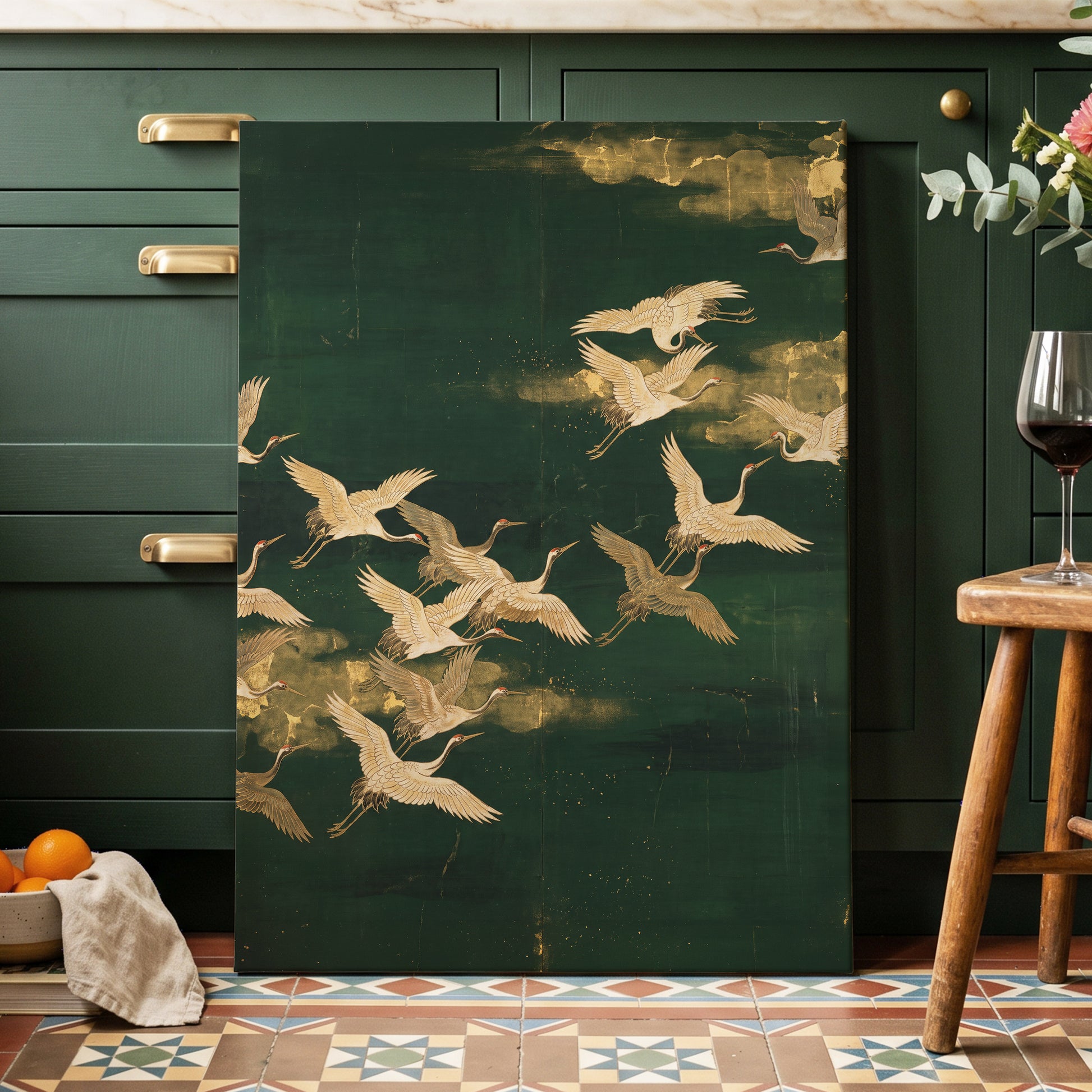 Gilded Crane Passage, green, gold, beige nature wall art displayed in a styled interior, gallery view 3