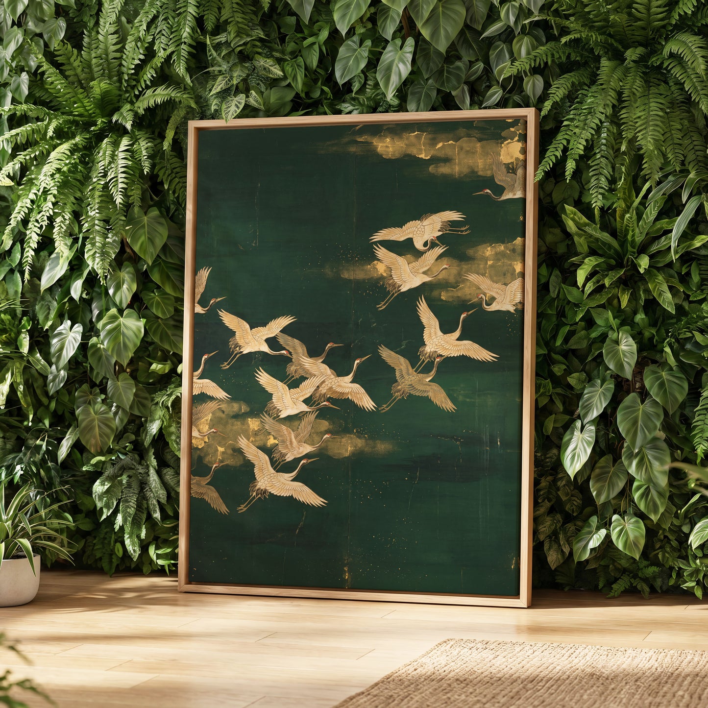 Gilded Crane Passage, green, gold, beige nature wall art displayed in a styled interior, gallery view 4