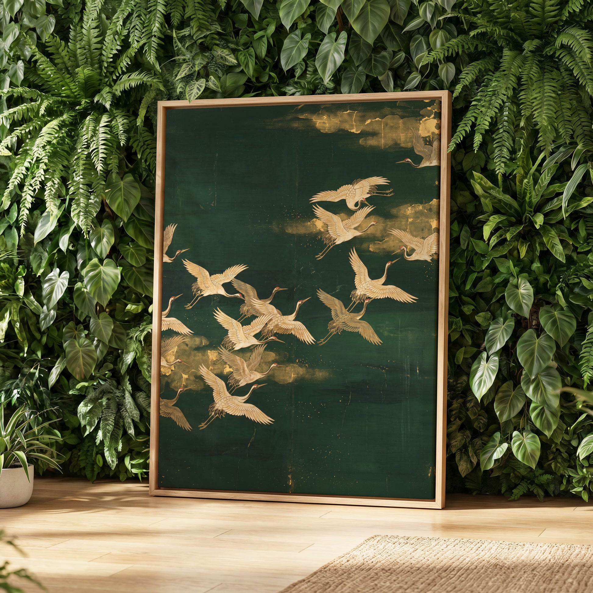Gilded Crane Passage, green, gold, beige nature wall art displayed in a styled interior, gallery view 4