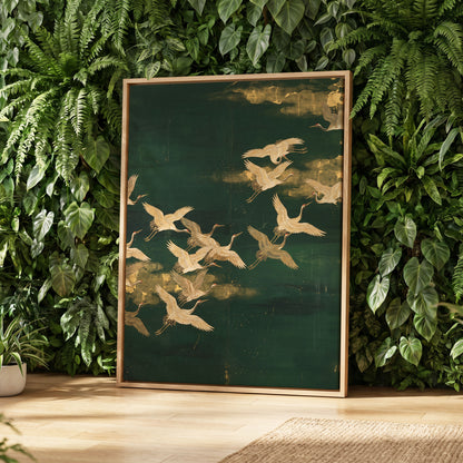 Gilded Crane Passage, green, gold, beige nature wall art displayed in a styled interior, gallery view 4