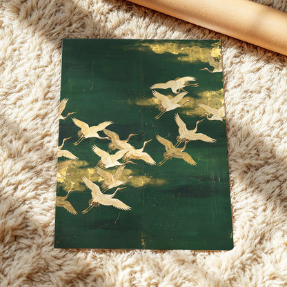 Gilded Crane Passage, green, gold, beige nature wall art displayed in a styled interior, gallery view 5