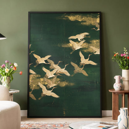 Gilded Crane Passage, green, gold, beige nature wall art displayed in a styled interior, gallery view 6