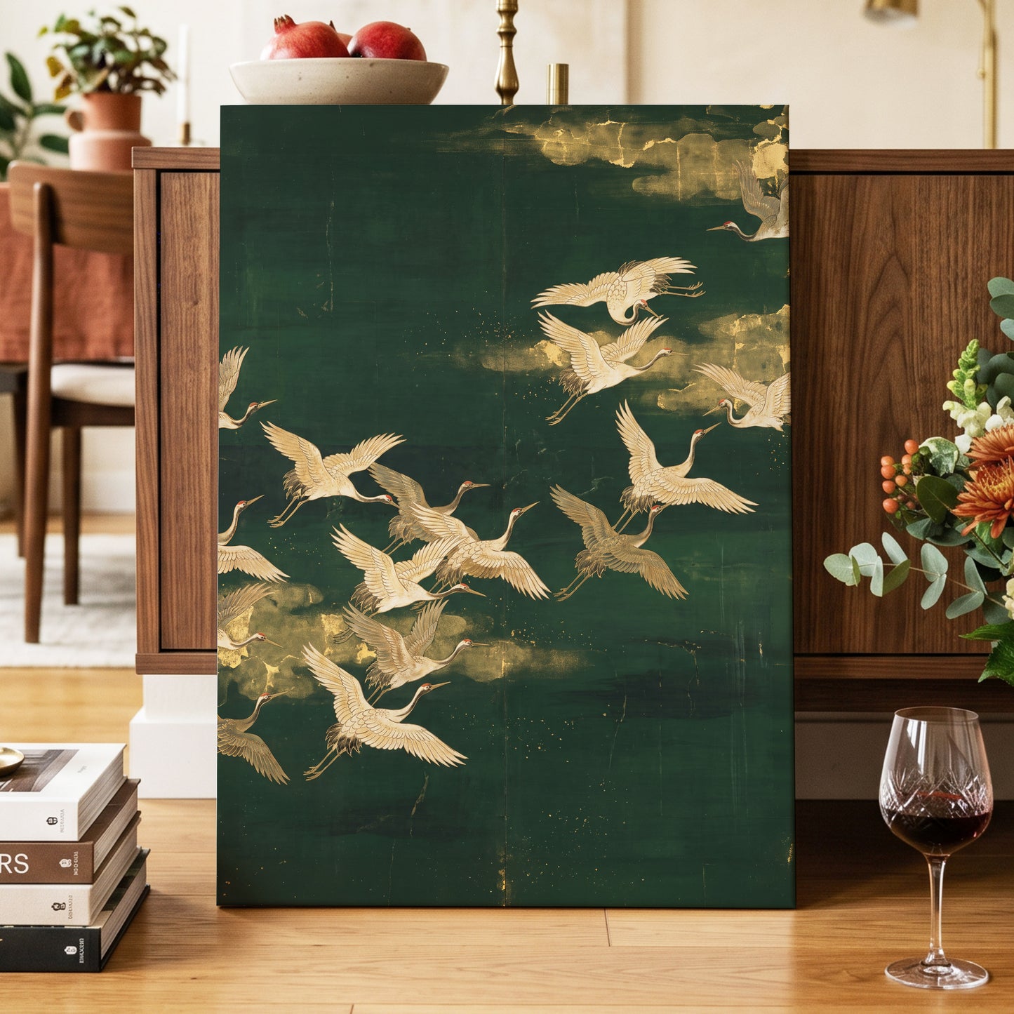 Gilded Crane Passage, green, gold, beige nature wall art displayed in a styled interior, gallery view 7