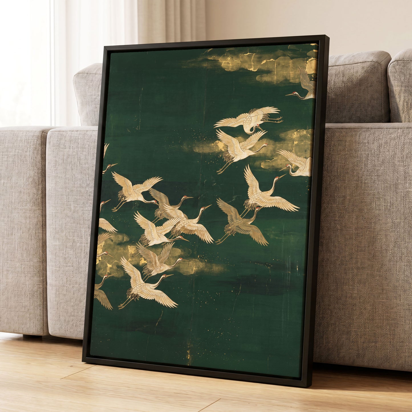 Gilded Crane Passage, green, gold, beige nature wall art displayed in a styled interior, gallery view 8