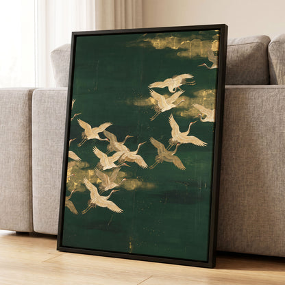 Gilded Crane Passage, green, gold, beige nature wall art displayed in a styled interior, gallery view 8