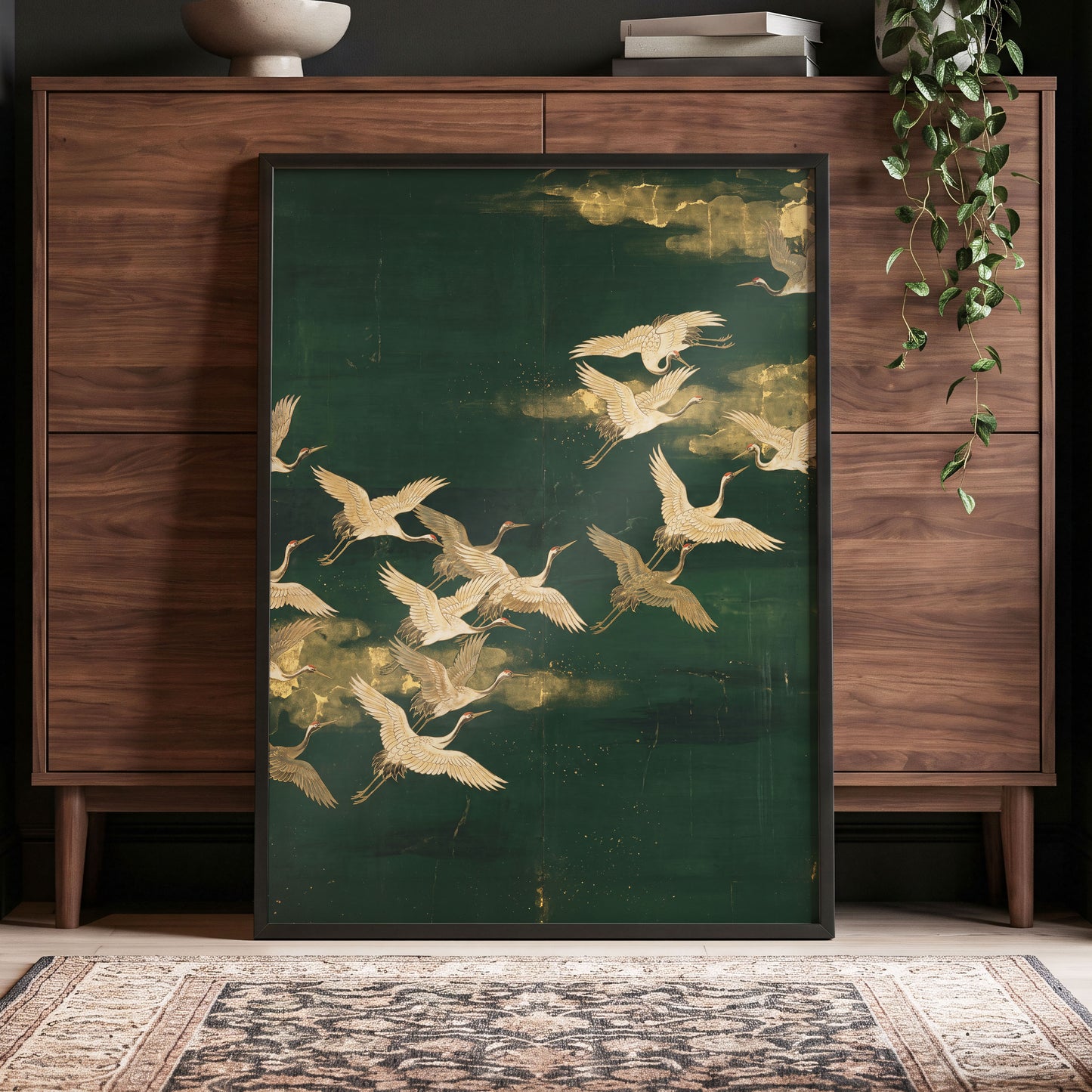 Gilded Crane Passage, green, gold, beige nature wall art displayed in a styled interior, gallery view 9