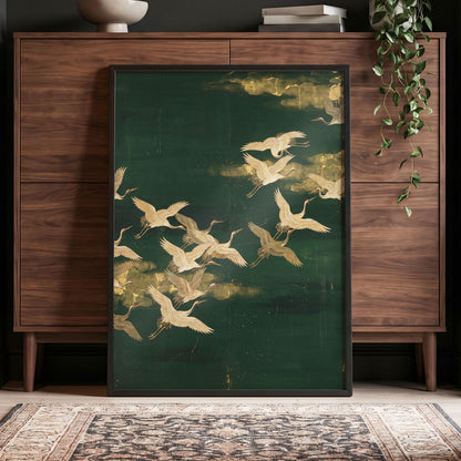 Gilded Crane Passage, green, gold, beige nature wall art displayed in a styled interior, gallery view 9