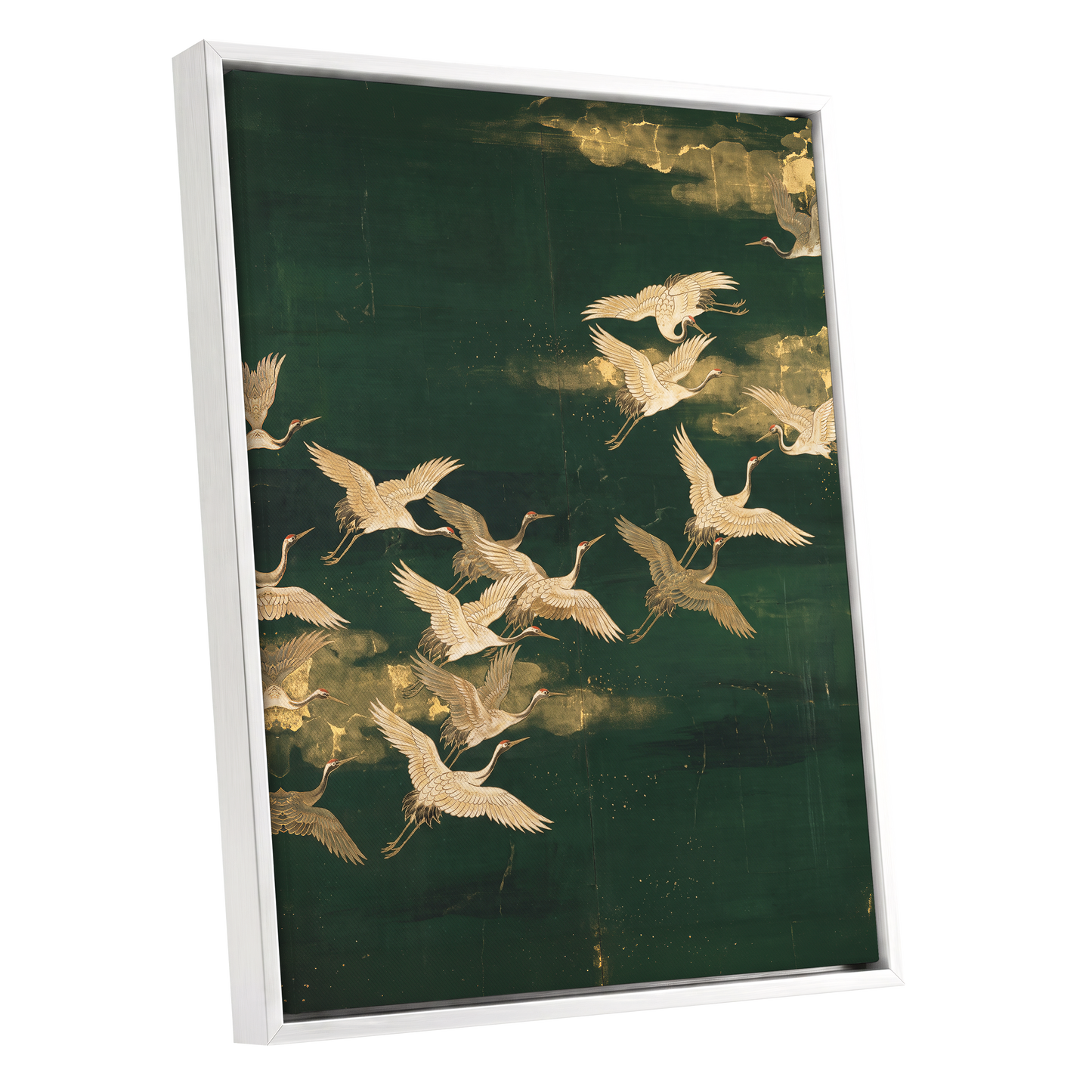 Gilded Crane Passage, green, gold, beige nature wall art shown as a white framed canvas wall art