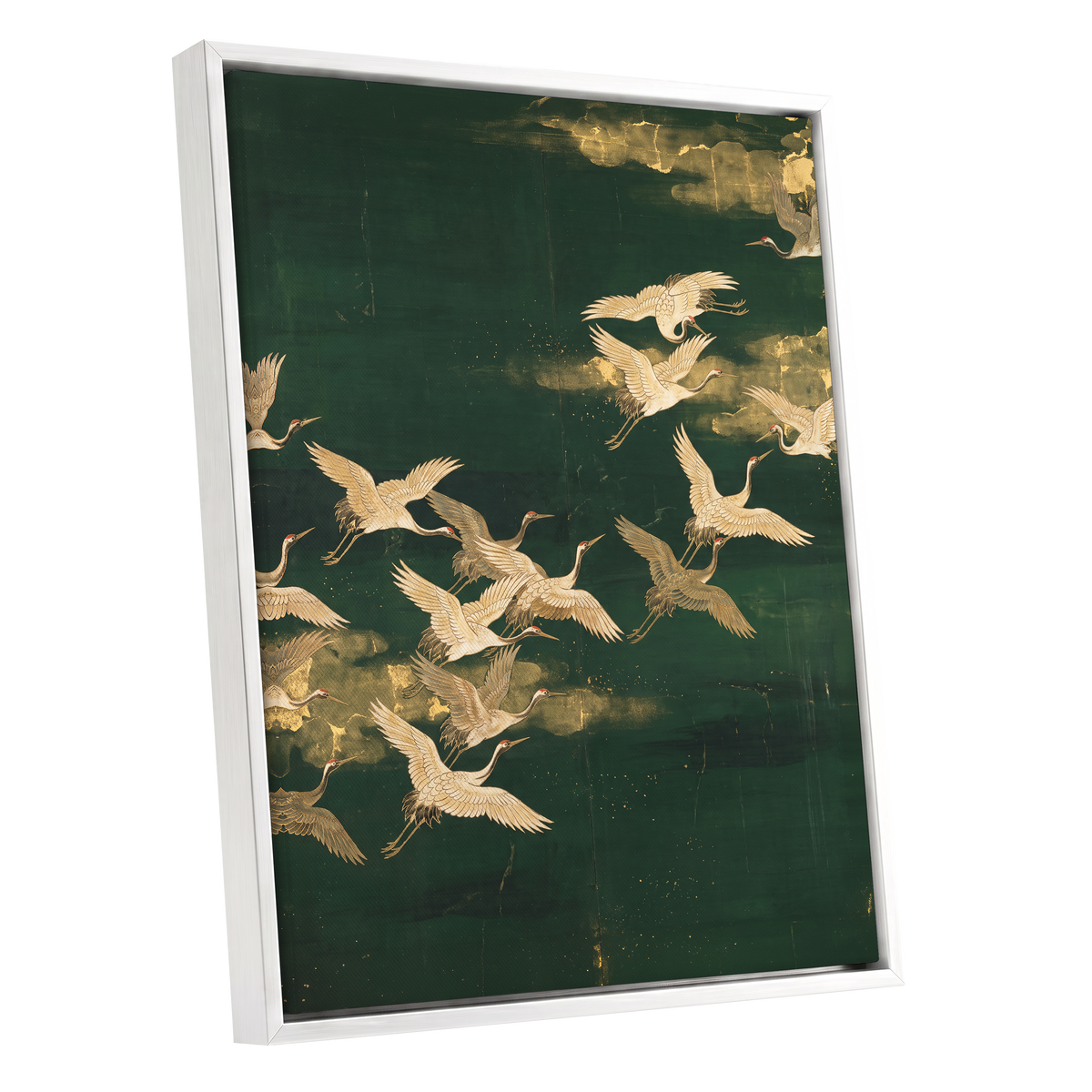 Gilded Crane Passage, green, gold, beige nature wall art shown as a white framed canvas wall art