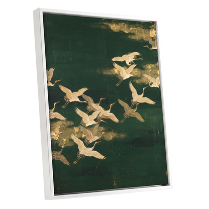 Gilded Crane Passage, green, gold, beige nature wall art shown as a white framed canvas wall art