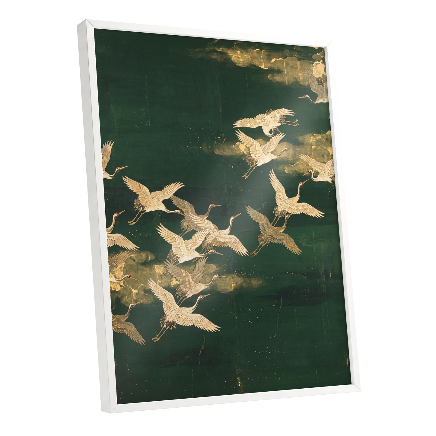 Gilded Crane Passage, green, gold, beige nature wall art shown as a white framed poster wall art print