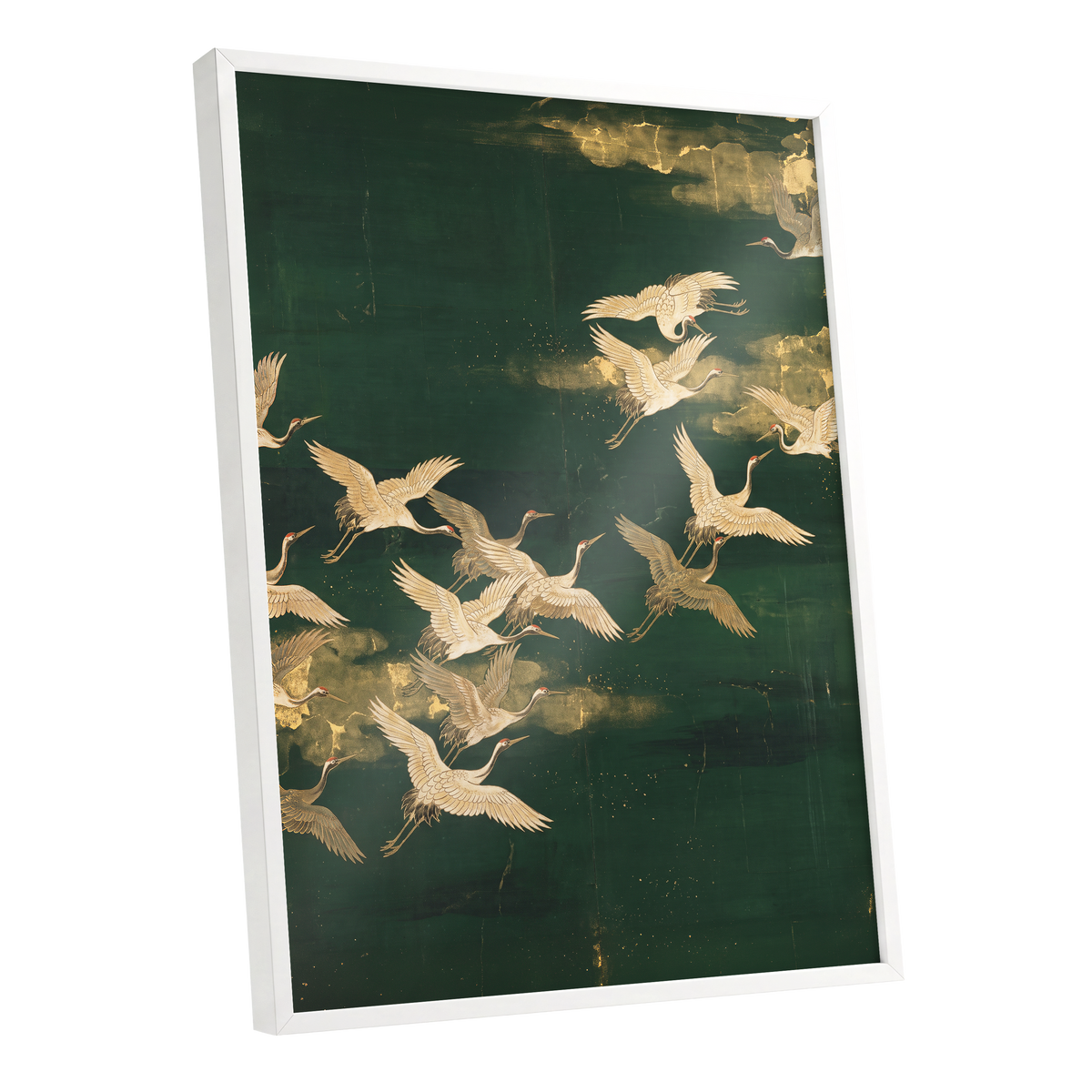 Gilded Crane Passage, green, gold, beige nature wall art shown as a white framed poster wall art print