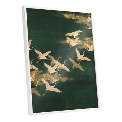 Gilded Crane Passage, green, gold, beige nature wall art shown as a white framed poster wall art print