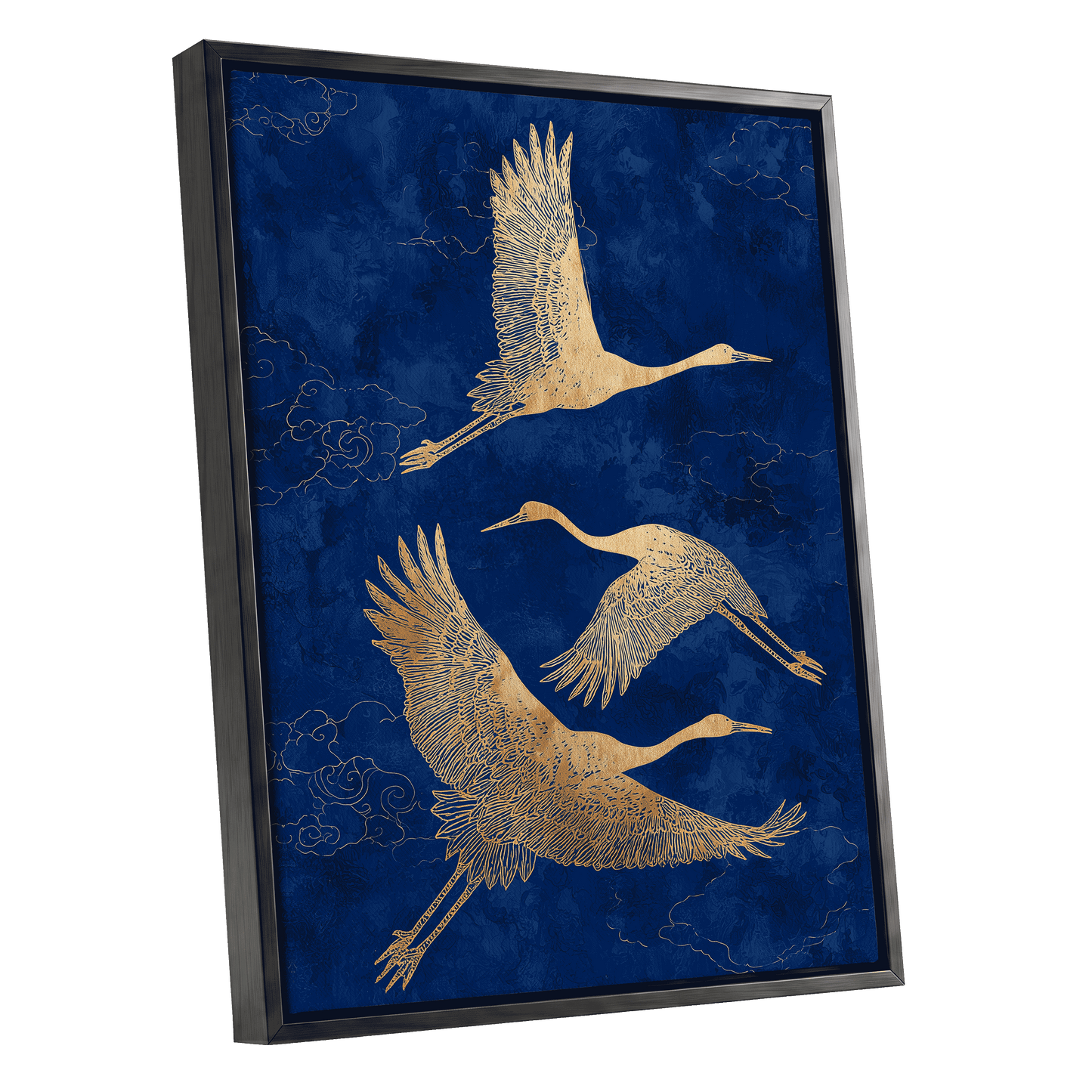 Gilded Cranes in Flight, blue, gold, beige nature wall art shown as a black framed canvas wall art