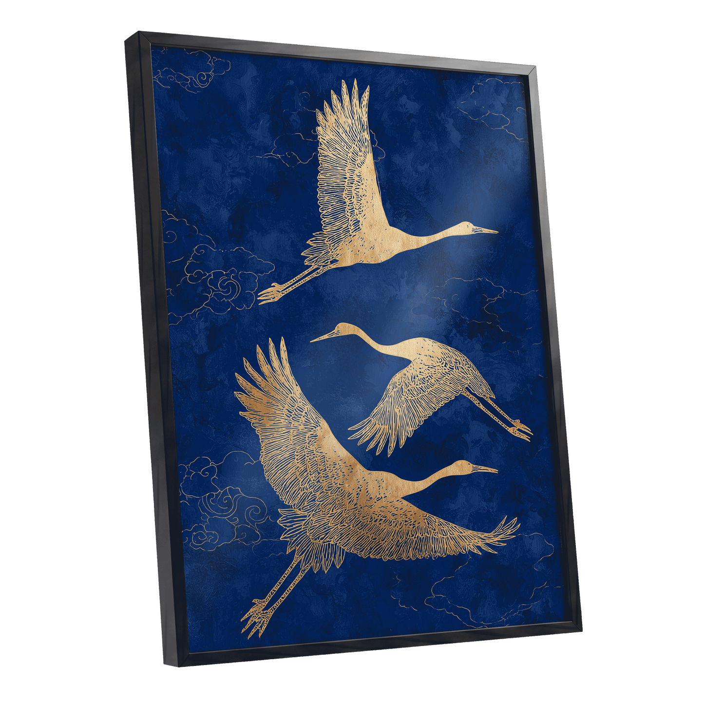 Gilded Cranes in Flight, blue, gold, beige nature wall art shown as a black framed poster wall art print