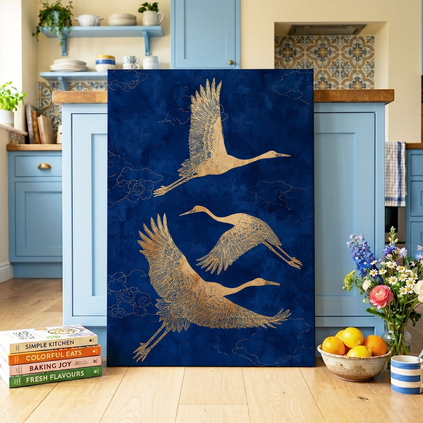 Gilded Cranes in Flight, blue, gold, beige nature wall art on canvas displayed in a styled interior, gallery view 1