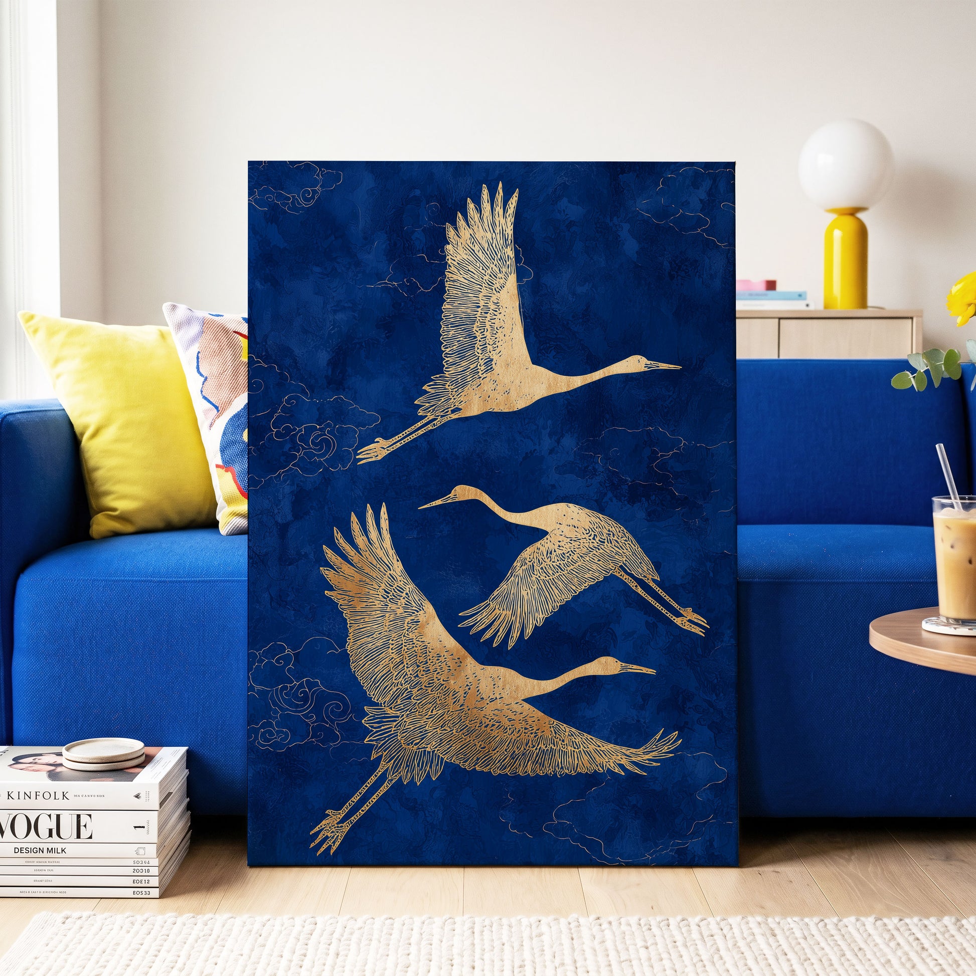Gilded Cranes in Flight, blue, gold, beige nature wall art on canvas displayed in a styled interior, gallery view 2