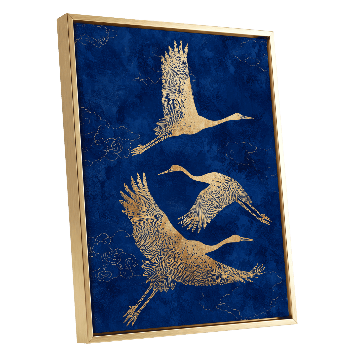 Gilded Cranes in Flight, blue, gold, beige nature wall art shown as a gold framed canvas wall art