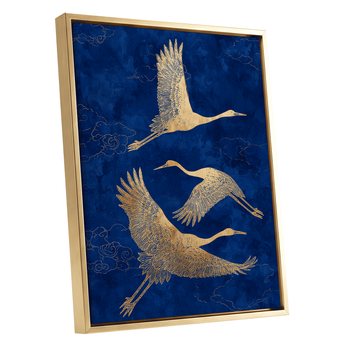 Gilded Cranes in Flight, blue, gold, beige nature wall art shown as a gold framed canvas wall art