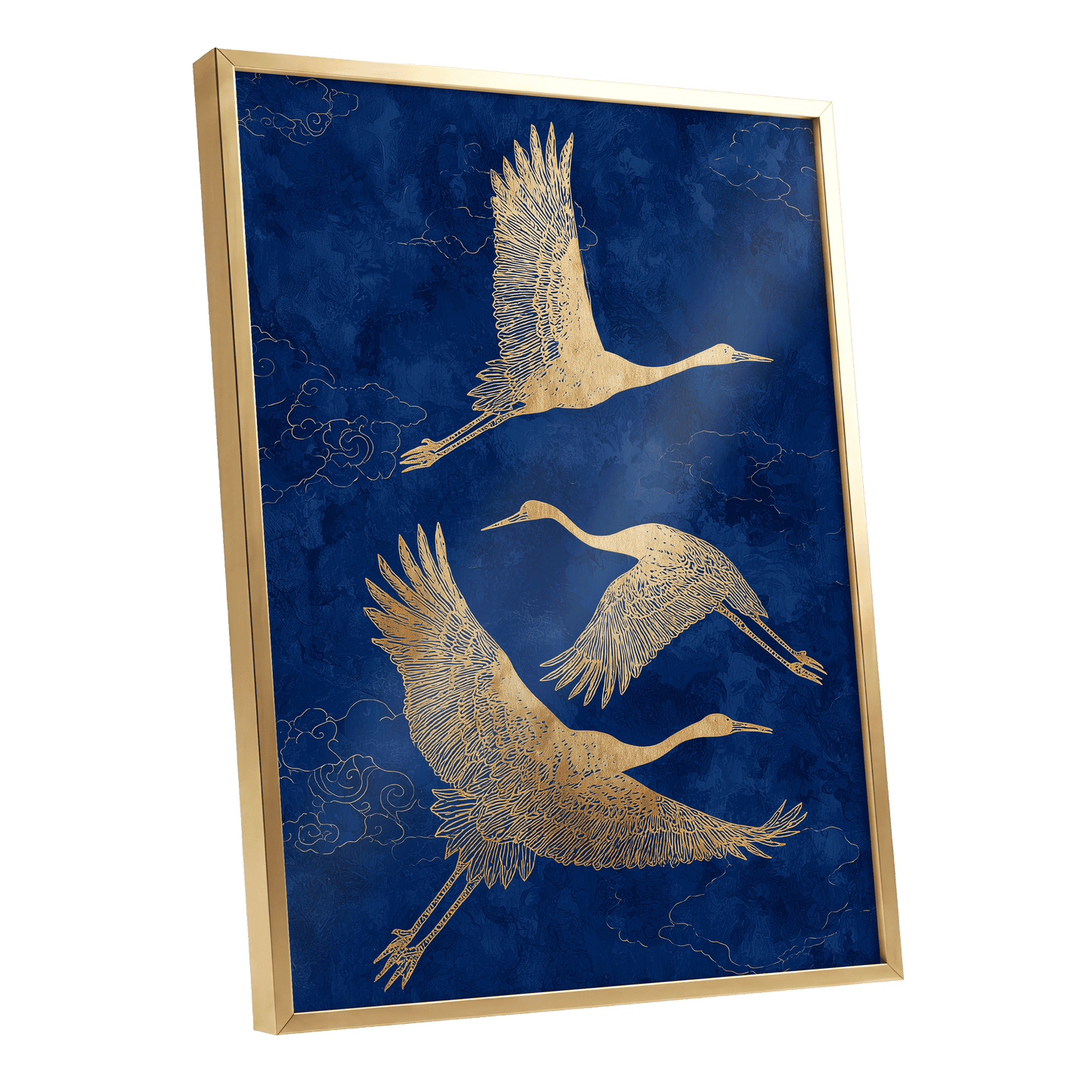Gilded Cranes in Flight, blue, gold, beige nature wall art shown as a gold framed poster wall art print
