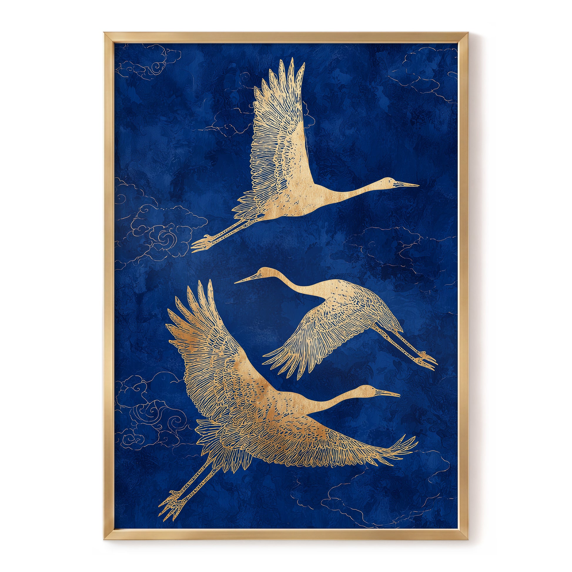 Gilded Cranes in Flight, blue, gold, beige nature wall art, front artwork view
